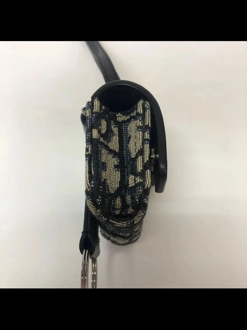 Monogram Mini Crossbody earphone case Pouch with Leather Strap - Navy & Cream